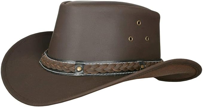 Fabricant Gears Showerproof Brown Unisex Australian Style Leather Cowboy Hat for men & women western style outback leather hat for rain