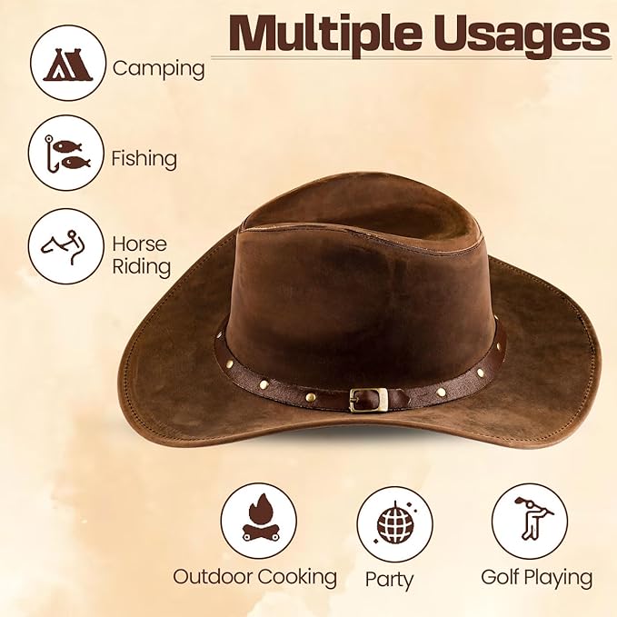 Fabricant Gears Block Grain Leather Western Cowboy Hat for Men Women Shape able into Out Back hat Durable Leather Hat with Buckle ring