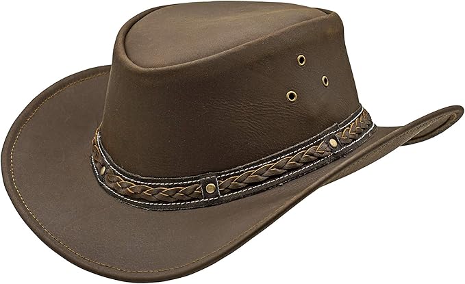 Fabricant Gears Showerproof Brown Unisex Australian Style Leather Cowboy Hat for men & women western style outback leather hat for rain